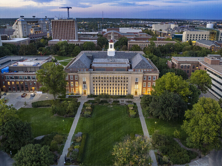 Aerial view of Love Library.