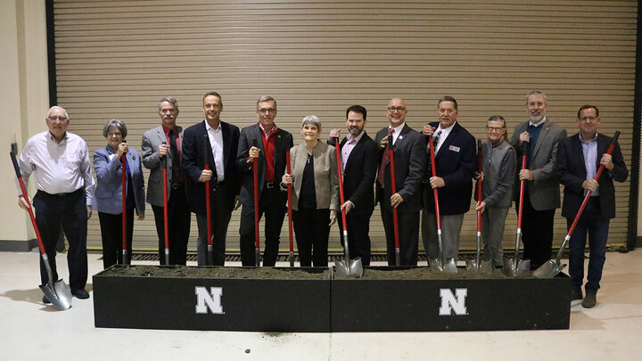 The University of Nebraska–Lincoln broke ground on its Feedlot Innovation Center near Mead on Nov. 4. Participating in the ceremony were (from left) Dennis and Glenda Boesiger; Clint Krehbiel, head of the Department of Animal Science; Mike Drury, president of Greater Omaha Packing; Chancellor Ronnie Green; Beth Klosterman; Steve Cohron, president of fed beef, JBS USA; IANR Vice Chancellor Mike Boehm;  Doug Zalesky, director of the Eastern Nebraska Research, Extension and Education Center; Nancy…