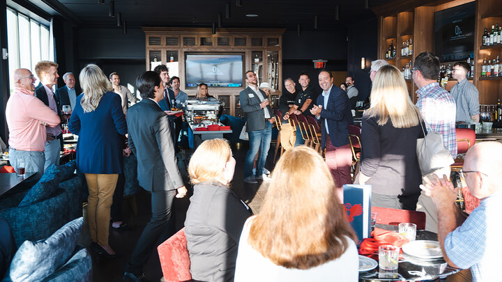 Sam Nelson, director of the Center for Entrepreneurship and associate professor of practice in management, addresses the new Entrepreneurship Fellows and the center’s supporters at a welcome reception Sept. 30 at The Scarlet Hotel.