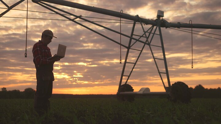 A male farmer looks at a laptop near an irrigation system at sunset.