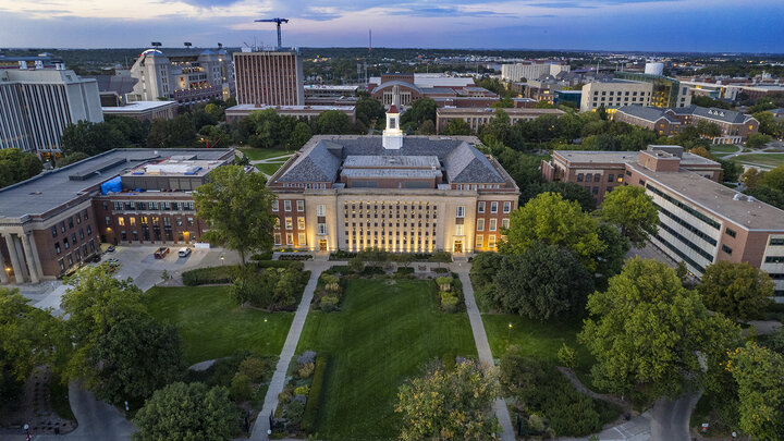 Love Library and nearby buildings viewed from the air.