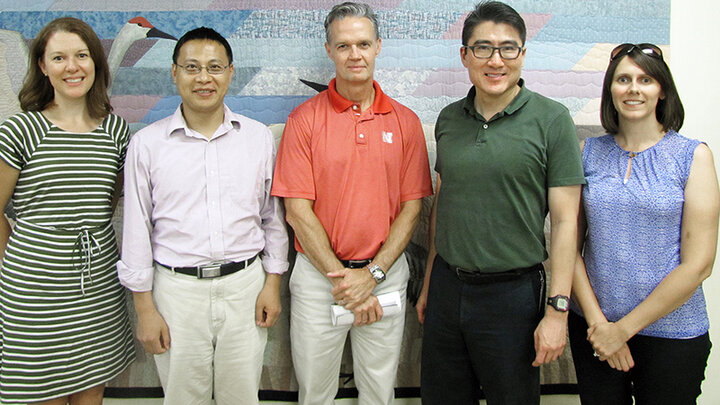 Members of the research team are (from left) Martha Shulski, Zhenghong Tang, Frank Uhlarik, Tarik Abdel-Monem and Natalie Umphlett.